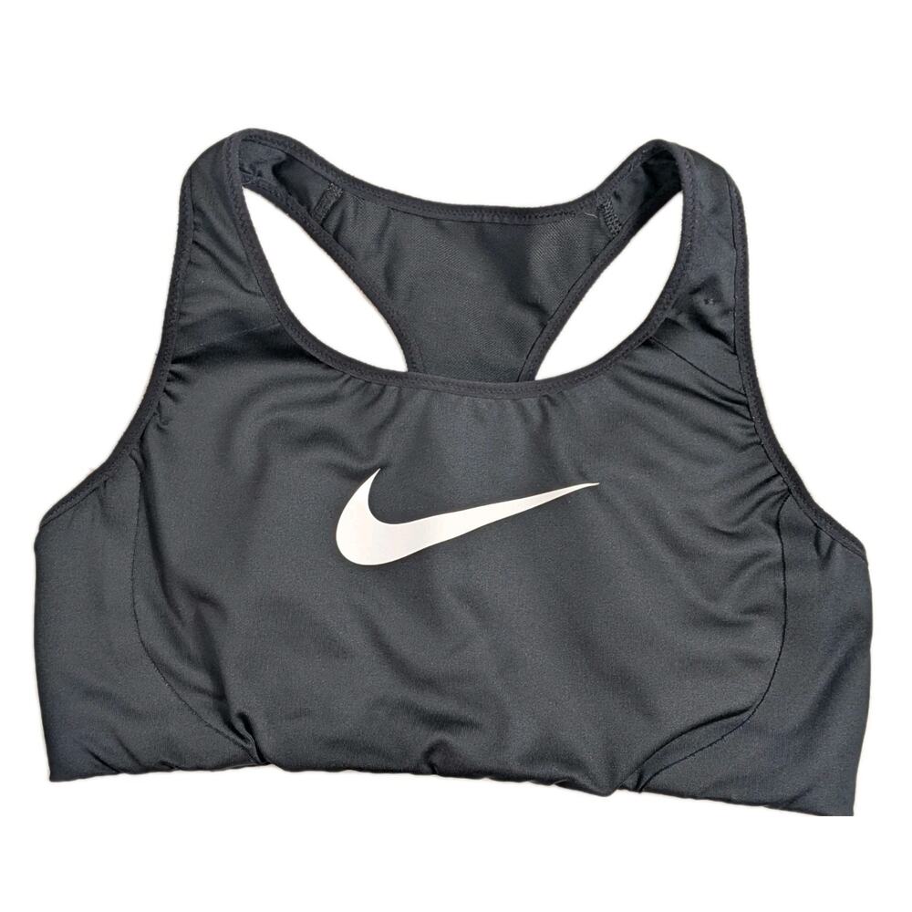 Nike Dri-FIT Womens Medium Black Racerback Sports Bra White BIG Swoosh Logo Mesh